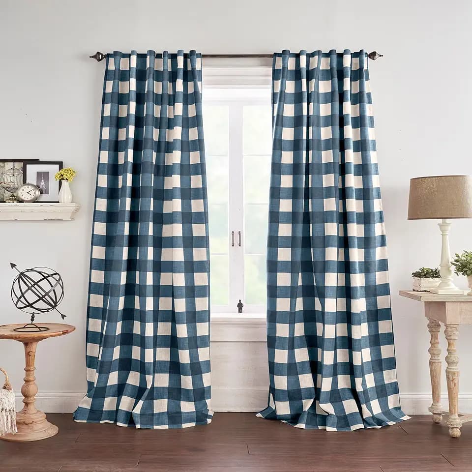 Grainger Buffalo Check Blackout Window Curtain, Indigo - 52" W x 108" L