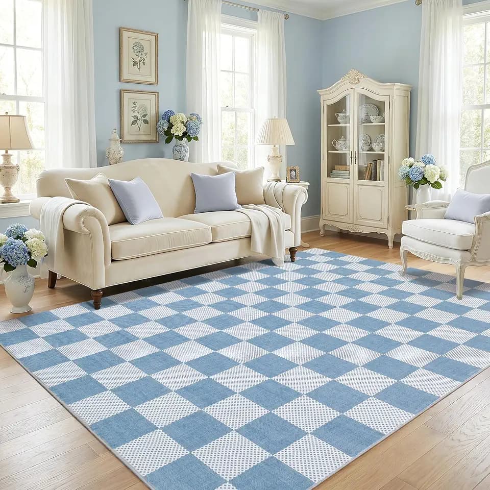 GarveeHome Checkered Blue 5x7 Washable Coastal Rug Bedroom Dinning Room