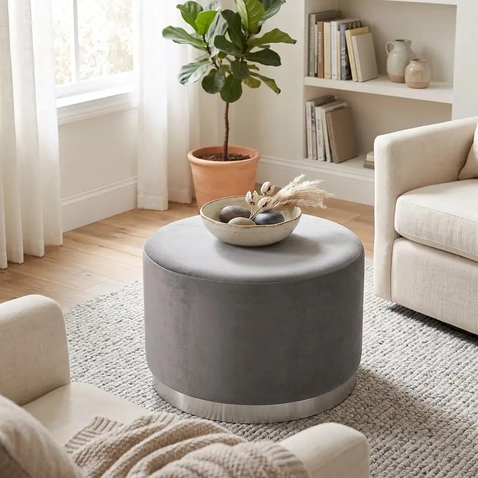 BIRDROCK HOME Large Round Velvet Ottoman Pouf - Soft Padded Foot Rest with Silver Trim - Upholstered Foot Chair, Coffee Table, Accent, Vanity or Shoe Seat for Living Room, Bedroom, Apartment (Grey)