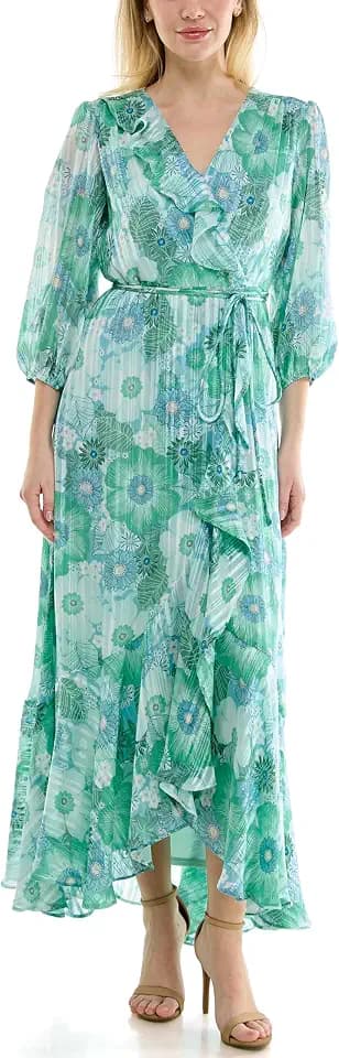 Maison Tara Women's V-Neck Ruffle Faux Wrap Maxi Dress
