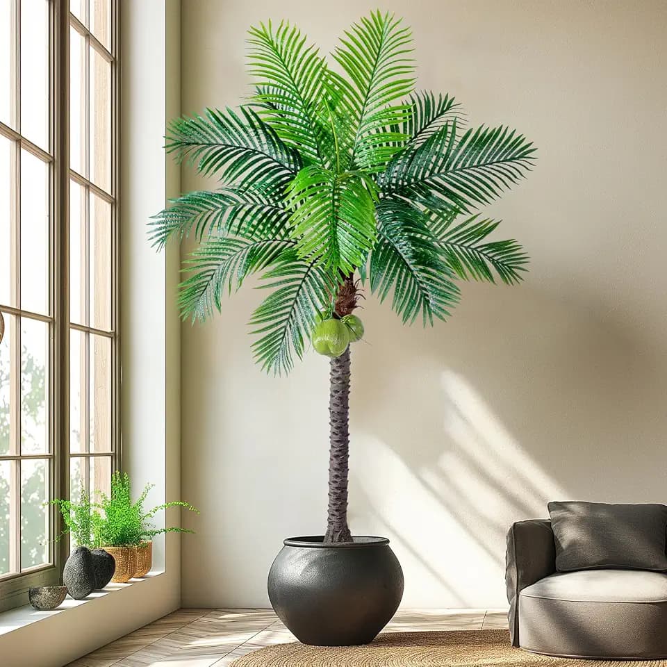 Erimda 30-Year Factory Faux Coconut Tree - 7.2FT Faux Palm Tree Realistic Thick Trunk & Heavy Duty Leaves, Hand-Carved Bark Texture, Indoor Tropical Decor for Living Room/Store, No Shiny Plastic Look