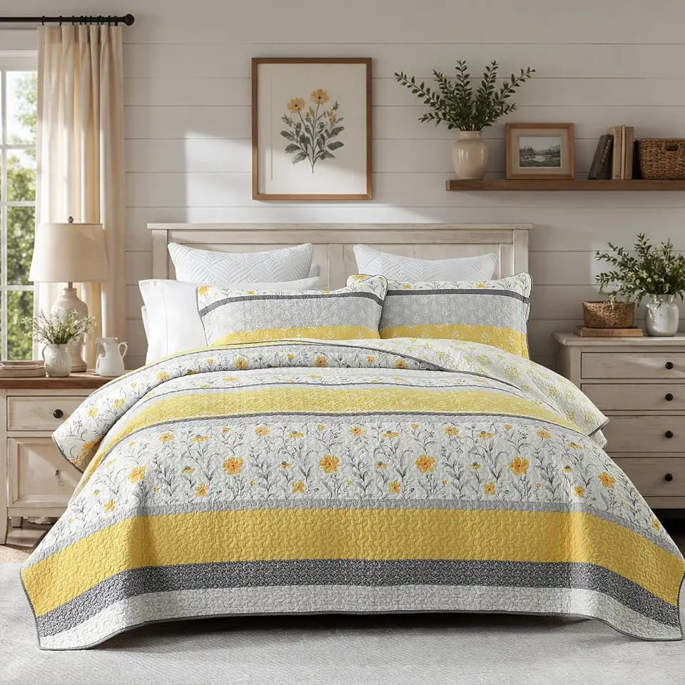 Quilta Quilts Queen Size, Yellow Floral Striped Design Farmhouse Bedspread