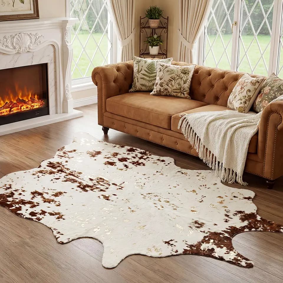 JONIYEAR Large Durable Faux Cowhide Area Rug 4.9 x 6.56 Feet, Premium Cow Print Rug for Living Room Bedroom, Durable Faux Fur Animal Cow Hide Carpet for Western Farmhouse Decor, Brown and Gold Spot