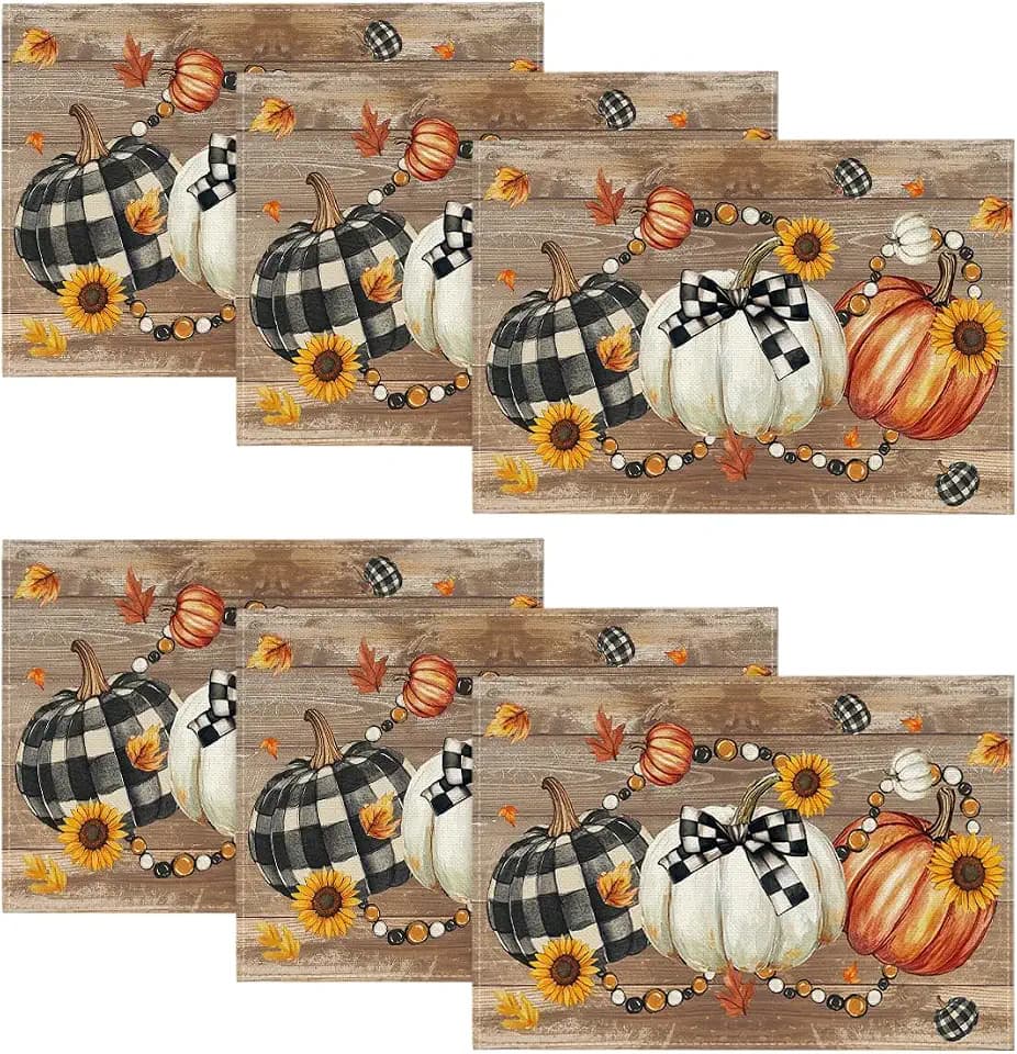 Artoid Mode Wood Pumpkins Sunflowers Fall Placemats Set of 6-12 x 18 Inch