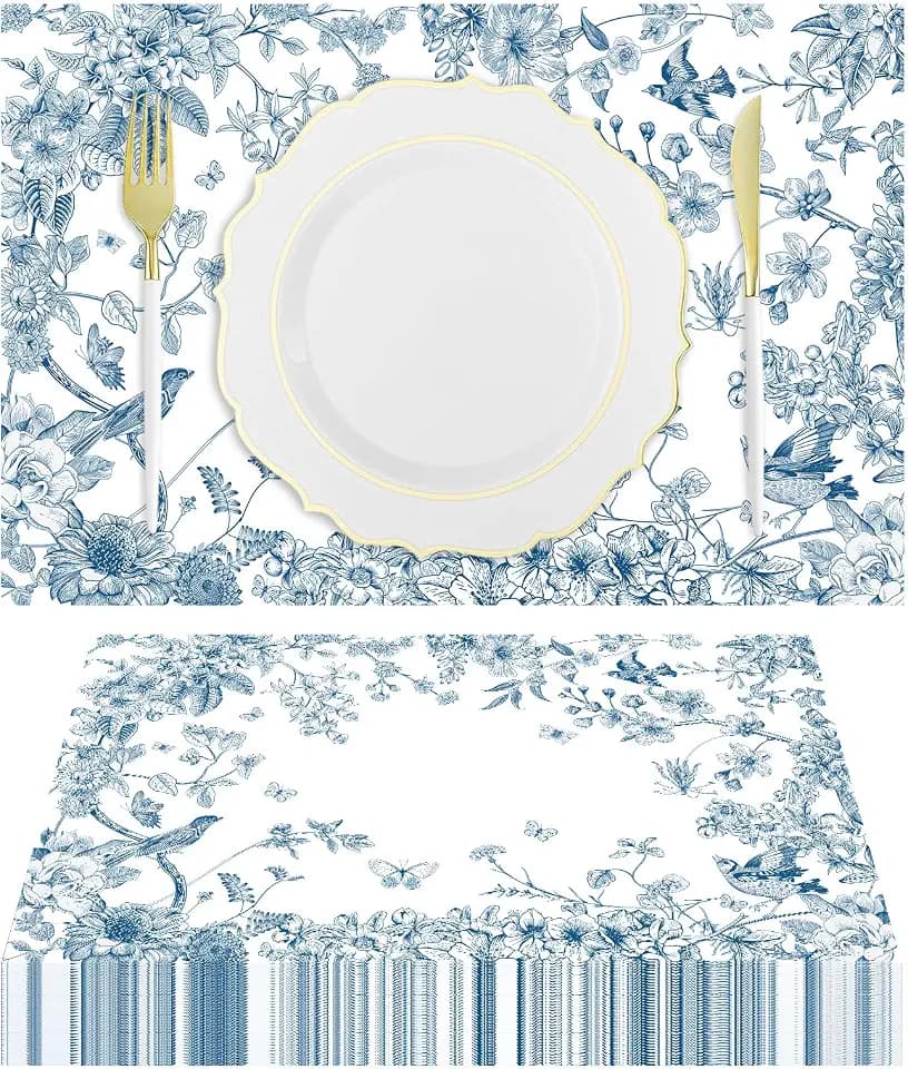 50 Pack Flower Bird Paper Placemats Disposable Blue White Floral Paper Place Mats 11 x 17 Inch Paper Table Mats Party Decorative Paper for Birthday Wedding Baby Shower Dining Table Decor (Flower Bird)