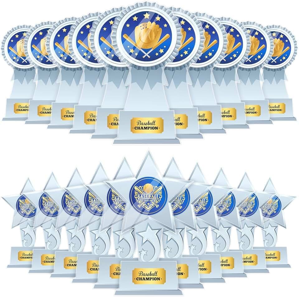 Tandefio 24 Pcs Baseball Party Supplies Baseball Trophy Bulk Clear Acrylic Champion Trophy Award Bulk for Adult Player 6.5 Inch Star MVP Medals Participation Award for Sports Competition