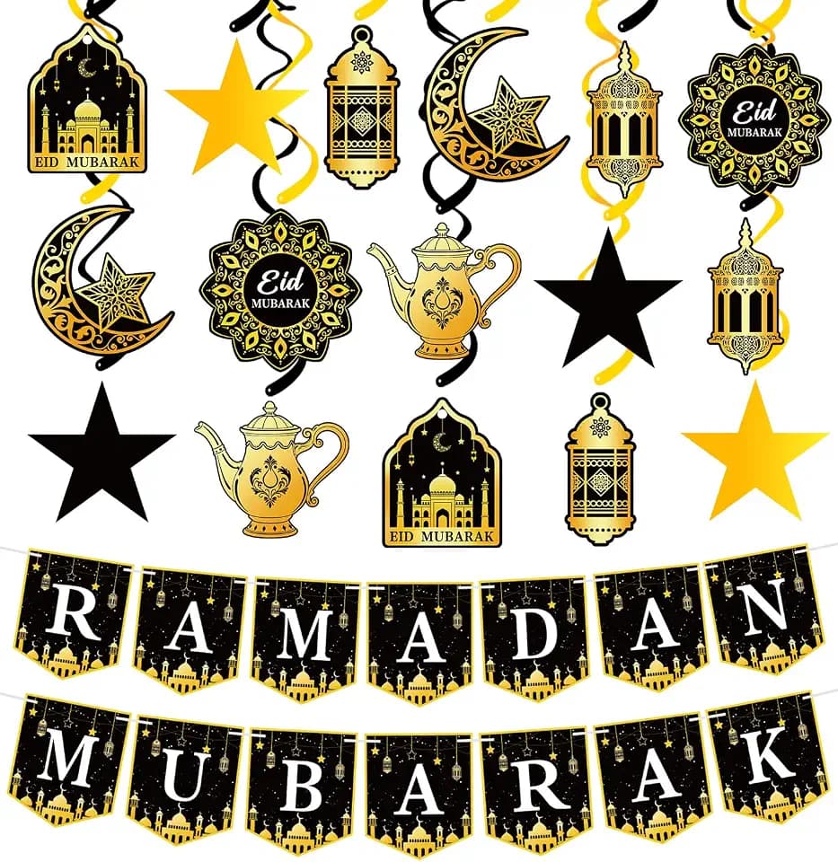 34Pcs Ramadan Decorations - Ramadan Decorations for Home Pre-Assembled Mubarak Eid Kareem Muslim Banner Star Moon Lantern Hanging Swirls Decorations for Home Fireplace Indoor Party Supplies