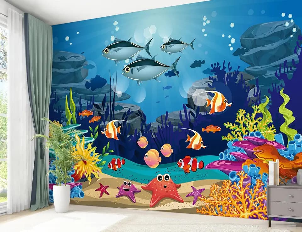 LiveGallery 63x89.8inch Large 3D Under the Sea World Wallpaper Watercolor Ocean Landscape View Wall Mural Peel and Stick Fish Seaweed Croal Wall Decor for Nursery Kids Bedroom Living Room (Fish)