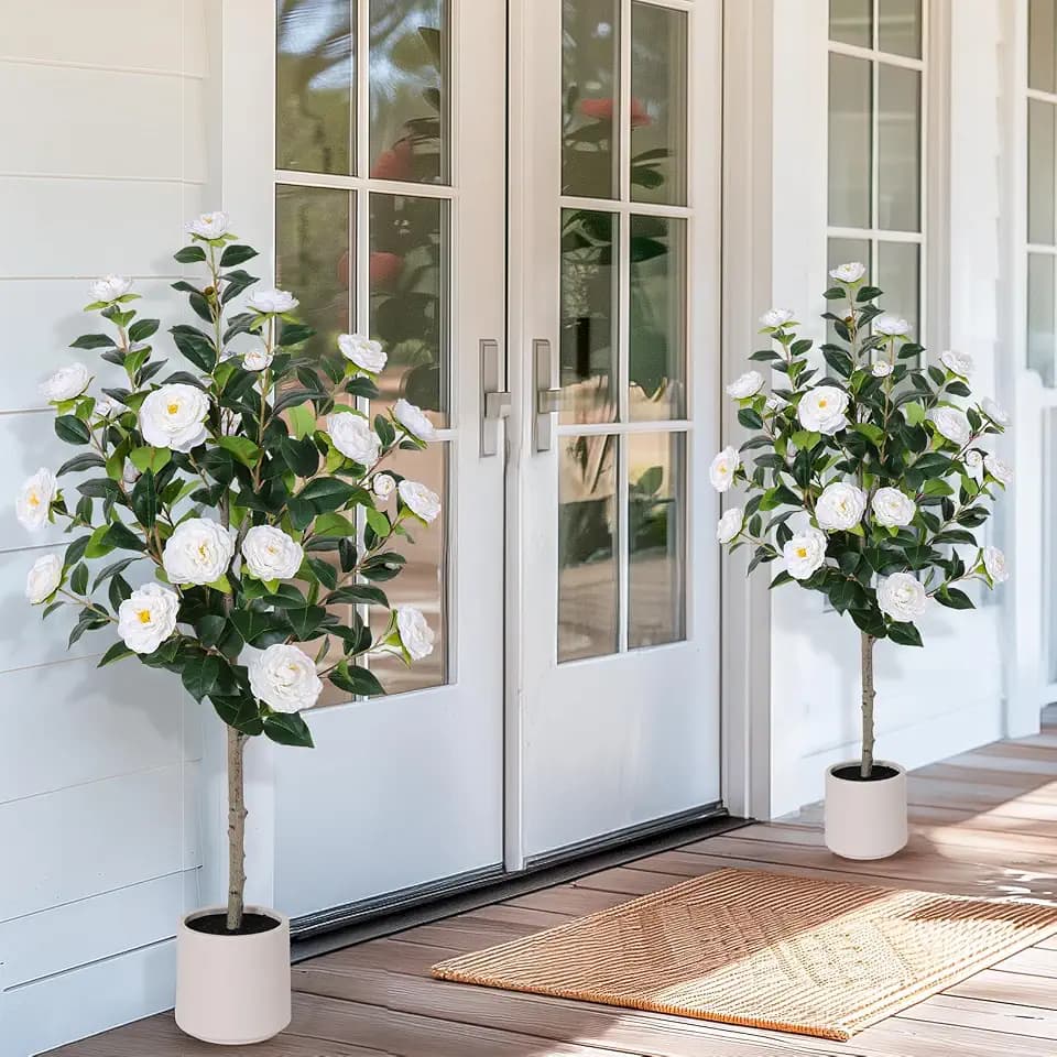 Yepdin 47 inch Artificial Camellia Tree with White Flower Pots -2 Pack White Fake Tree,4 Ft Faux Plants Indoor wich Blooming,Artificial Plants for Indoor & Outdoor Home Front Door Decor