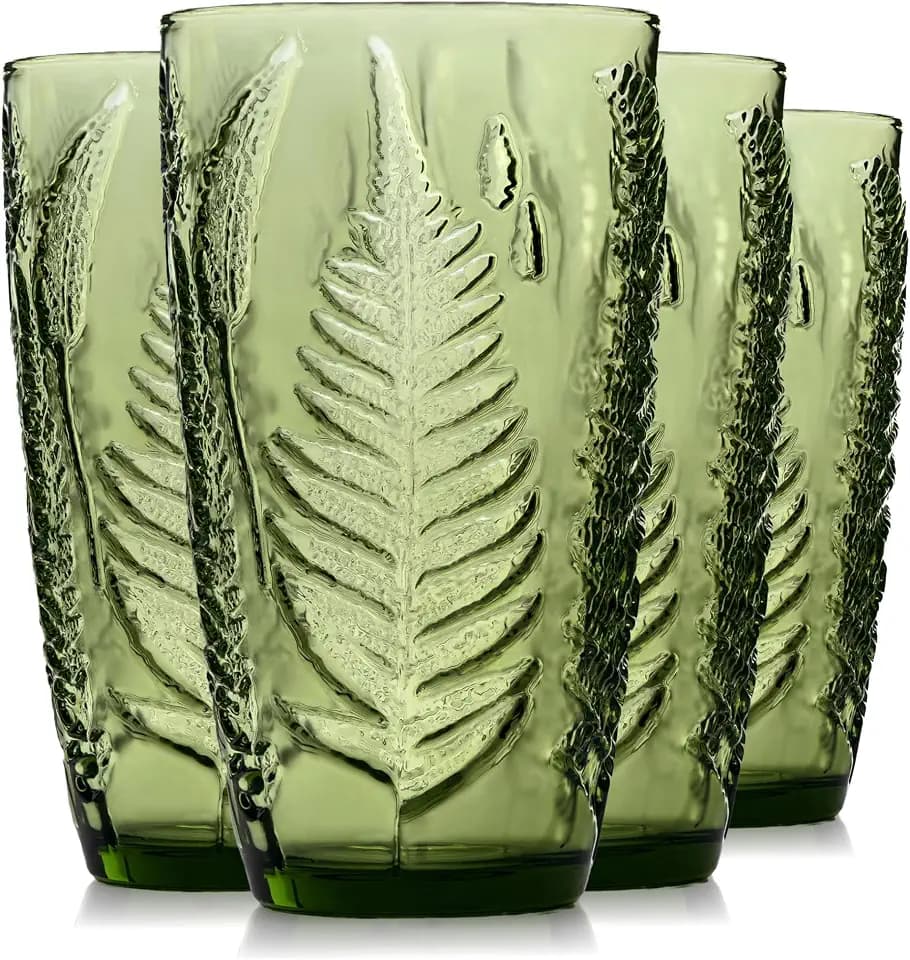 Green Drinking Glasses Set of 4, 16 oz Glass Cups, Vintage Fern Glassware