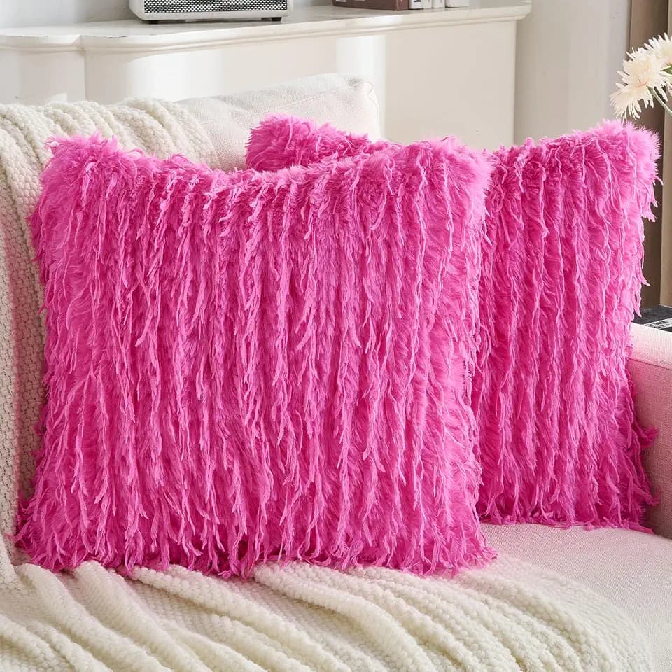 FUTEI Pack of 2 Fluffy Faux Fur Throw Pillow Covers 18x18 Inch, Hot Pink