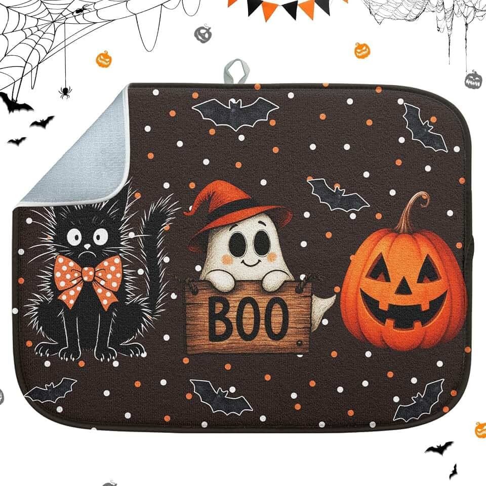 Sanwarm Absorbent Dish Drying Mat for Kitchen, 18" x 24", Halloween Ghost