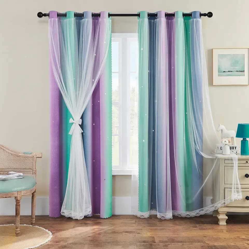 XiDi Purple Grey Green 90 Inches Blackout Curtains for Girls Bedroom 2 Panels Set, Rainbow Curtains for Kids Room Decor, Unicorn Wall Decals Grommet Drapes for Little Girl Nursery Room 34 Inches Wide