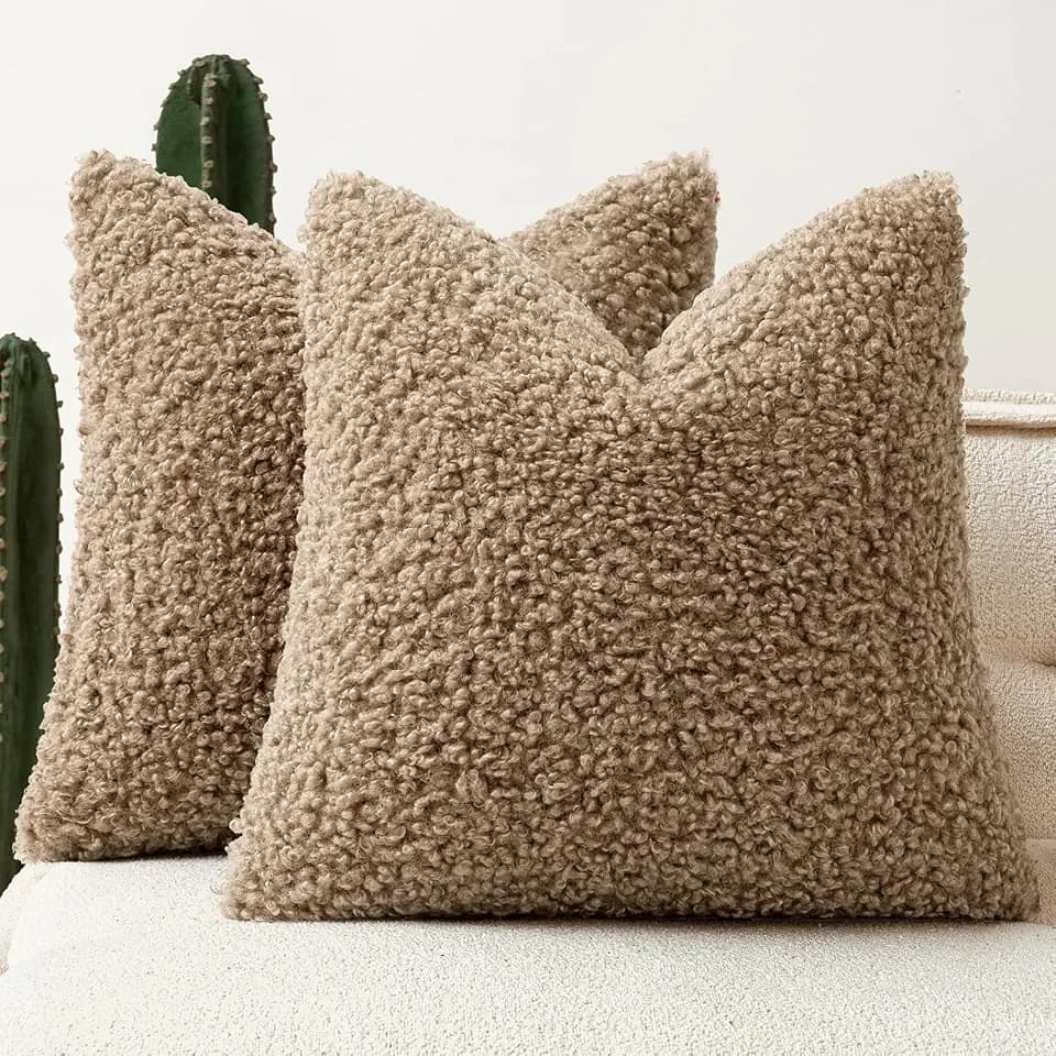 Set of 2 Faux Fur Throw Pillow Covers 18x18 Inch, Khaki