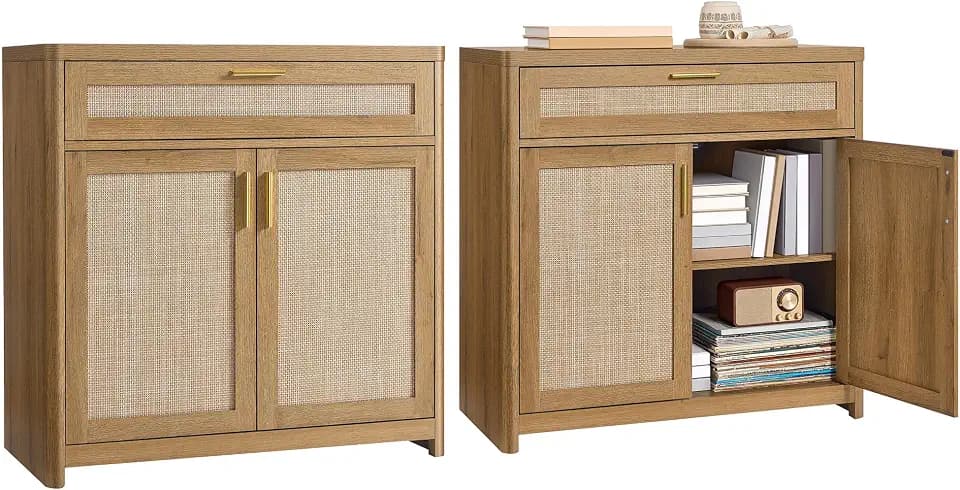 VASAGLE Boho Buffet Cabinets, Set of 2, with Rattan-Look Doors