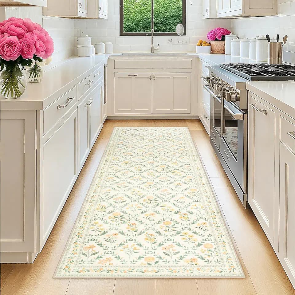 PLHXFR 2.6x8 Washable Runner Rug:Floral Indoor Kitchen Carpet Beige Multi