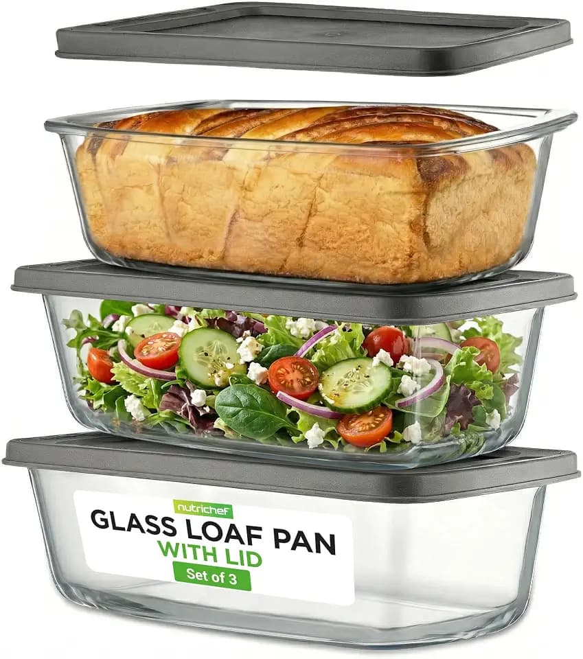 NutriChef 6 Piece Glass Loaf Pans for Baking Bread - 7.6 Cups Stackable Glass Bread Loaf Pan - 3 loaf Pan with 3 Lids - Oven & Microwave Safe, Dishwasher Safe - Clear