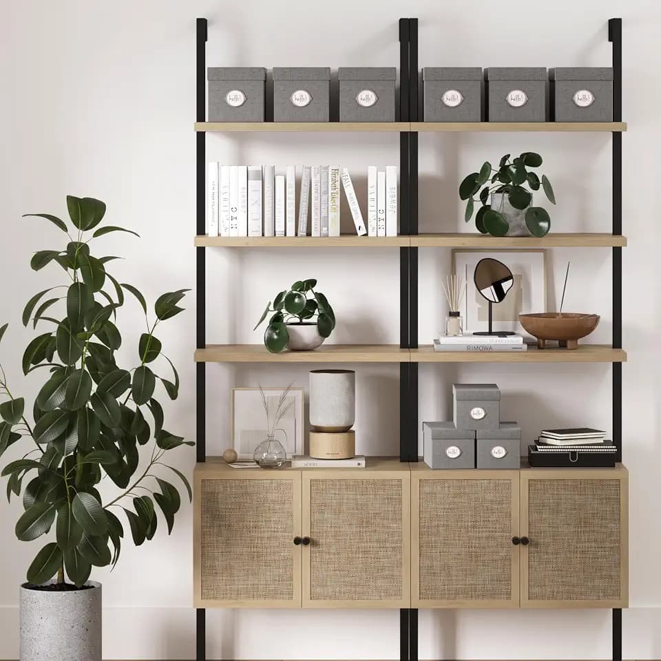 Nathan James Theo Industrial Open Shelf Bookcase with Accent Rattan Drawers Light Oak Wood, Matte Black Frame, Set of 2