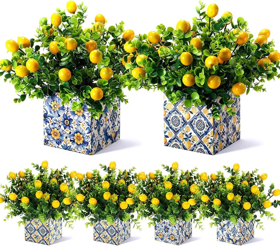 6 Pcs Blue Tiles Lemon Table Centerpiece Decor Amalfi Coast Wood Box Decoration with 18 Artificial Lemon Branches Mediterranean Capri Positano Party Decor for Wedding Birthday Bridal Shower