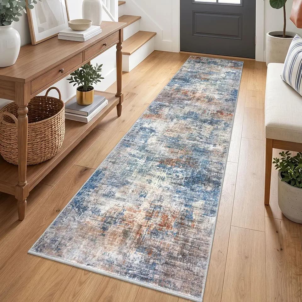 IOHOUZE Abstract Runner Rug 2x7 Ft Washable Runners for Hallways, Non Slip Kitchen Runner Printed Faux Wool Entryway Runners Indoor, Modern Abstract Floor Carpet for Hall Kitchen Bedroom, Blue Rust