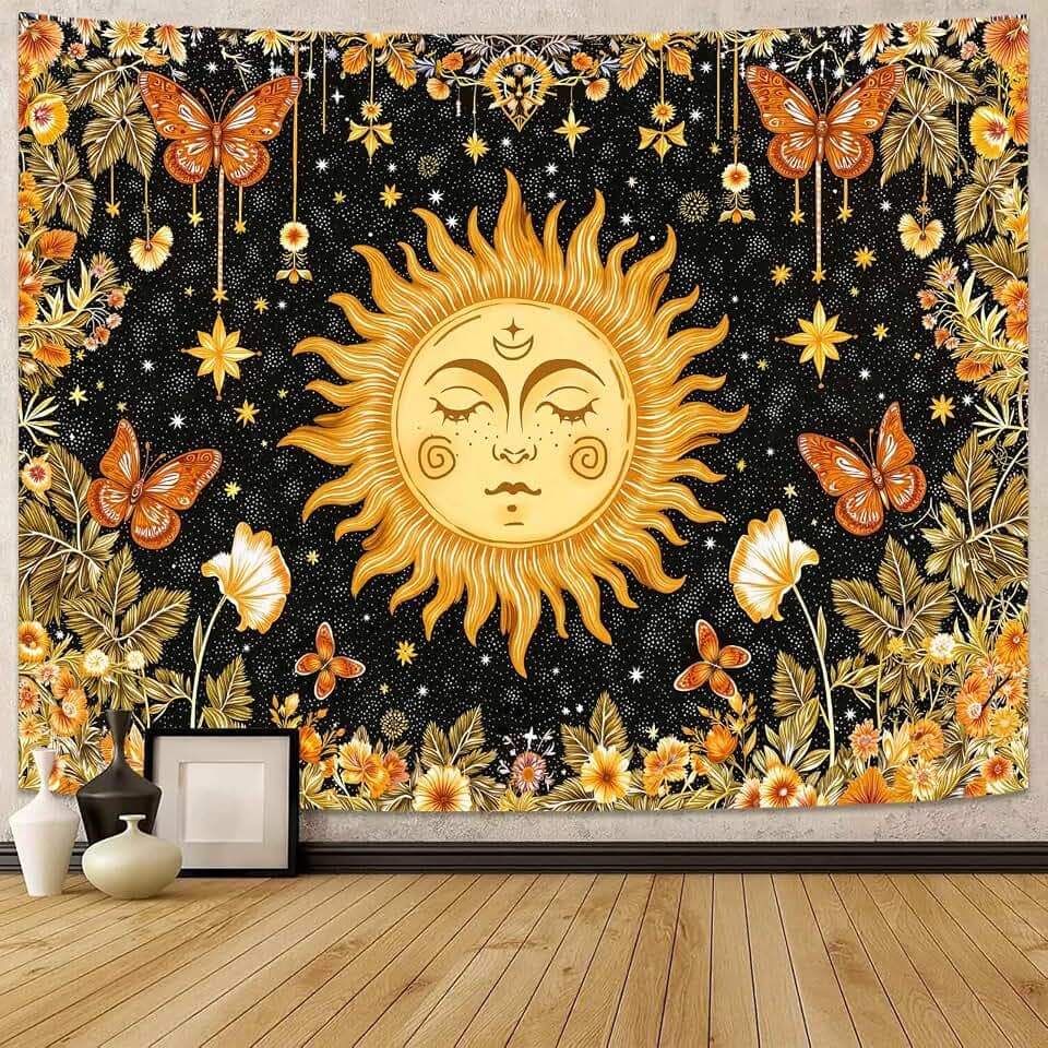 Lunerfex Sun with Face Wall Tapestry - Celestial Butterfly and Star Wall Hanging for Bedroom and Living Room - Boho Spiritual Decor Tapestries 60"x44"