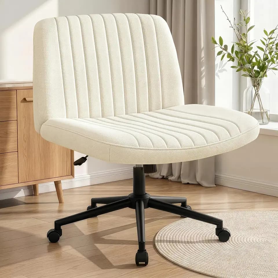NEO CHAIR Criss Cross Chair with Wheels Armless Cross Legged Office Desk Wide Comfy Vanity Makeup Chair Adjustable Swivel Rolling Computer for Home Office Fabric (Beige)