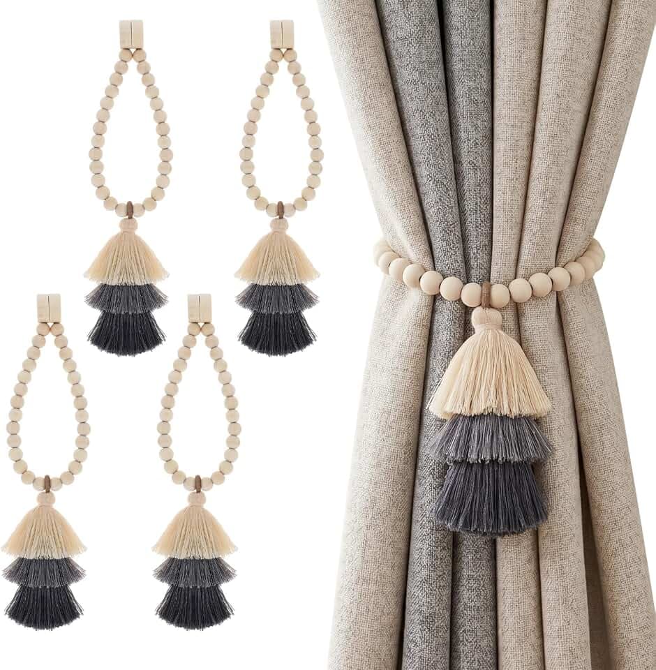 4Pcs Magnetic Curtain Tiebacks with Wood Beads and Triple Tassel,Gray