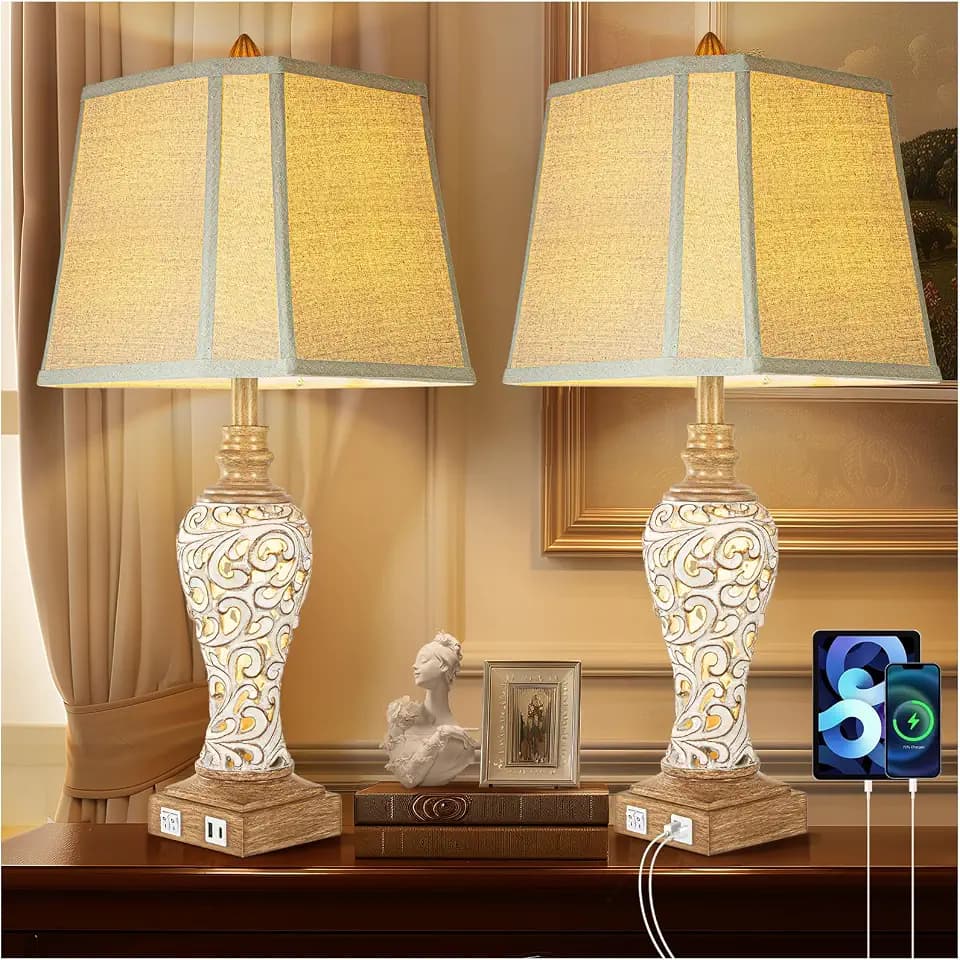 Rustic Table Lamp Set of 2 for Living Room with Night Lights, 28.5" Tall