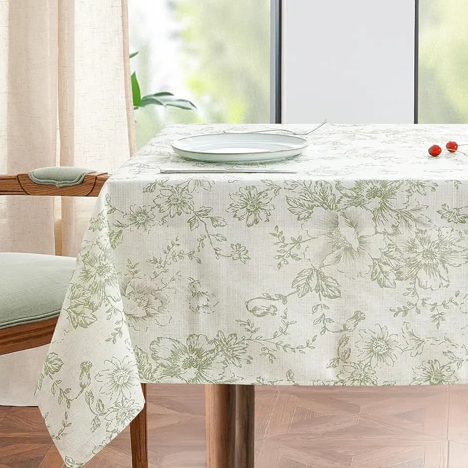 jinchan Green Floral Linen Blend Rectangle Table Cloth 52 x 70 Inch