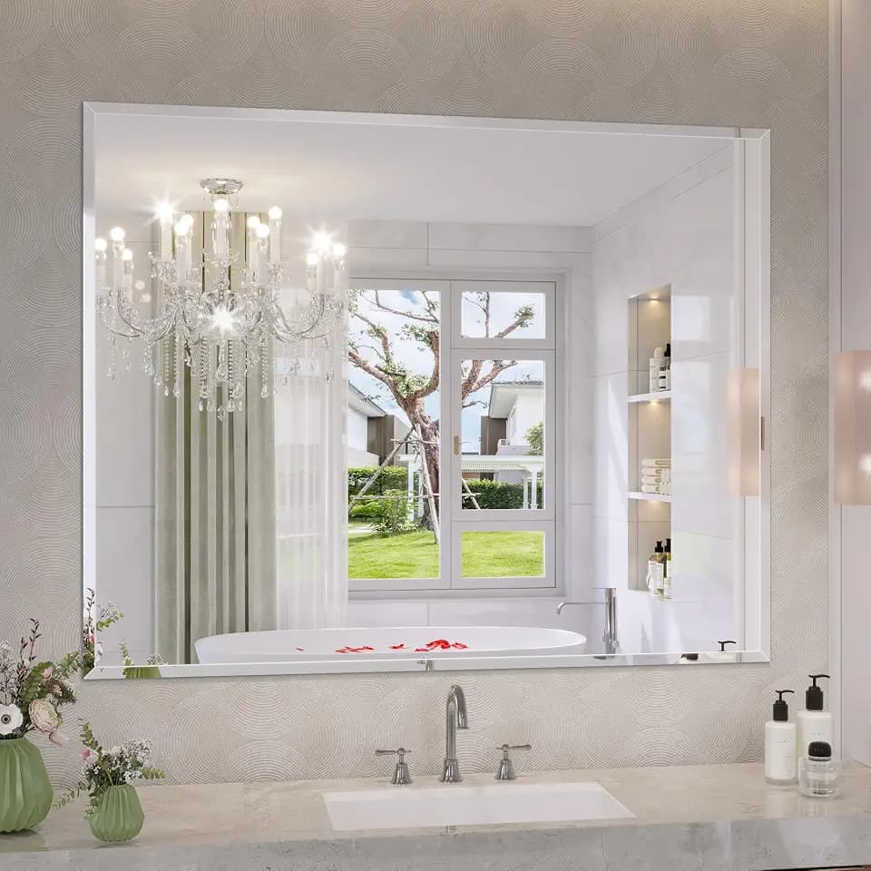 Frameless Bathroom Mirror, 40"x32" Beveled Bathroom Vanity Mirror