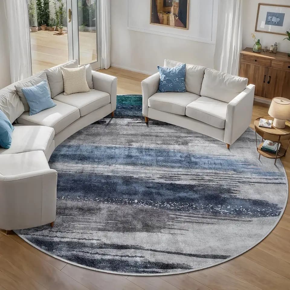 Ciicool 6ft Round Rugs for Living Room, Modern Abstract Washable Rug Navy