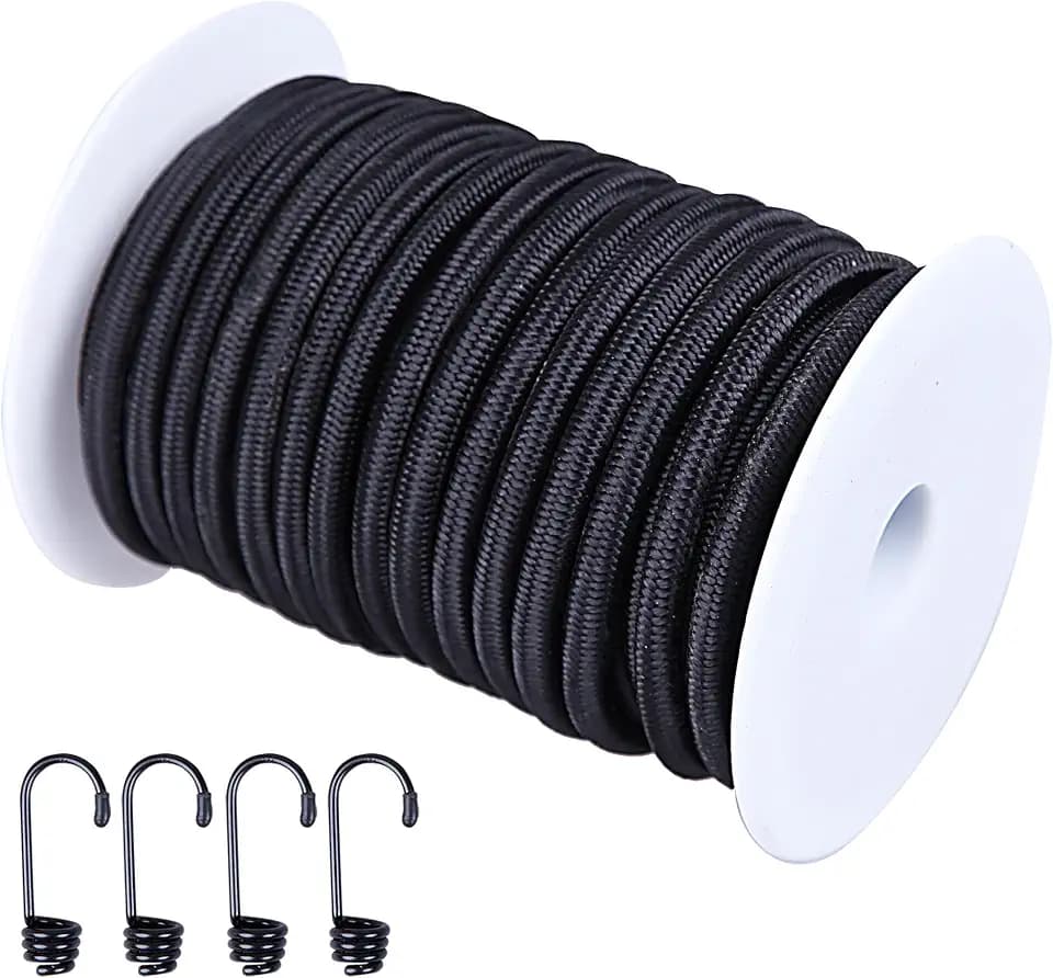 CARTMAN 1/4" x 50' Elastic Bungee Shock Cord with 4 Hooks, Black