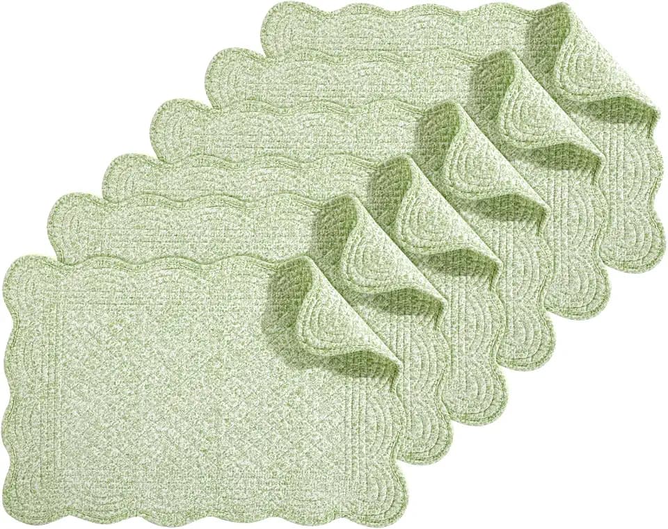 HOMBYS Quilted Placemats Set of 6 Washable-13x18 inches Rectangular Placemats for Kitchen Table-100% Cotton Fabric Rectangular Table Mats, (White with Light Green)
