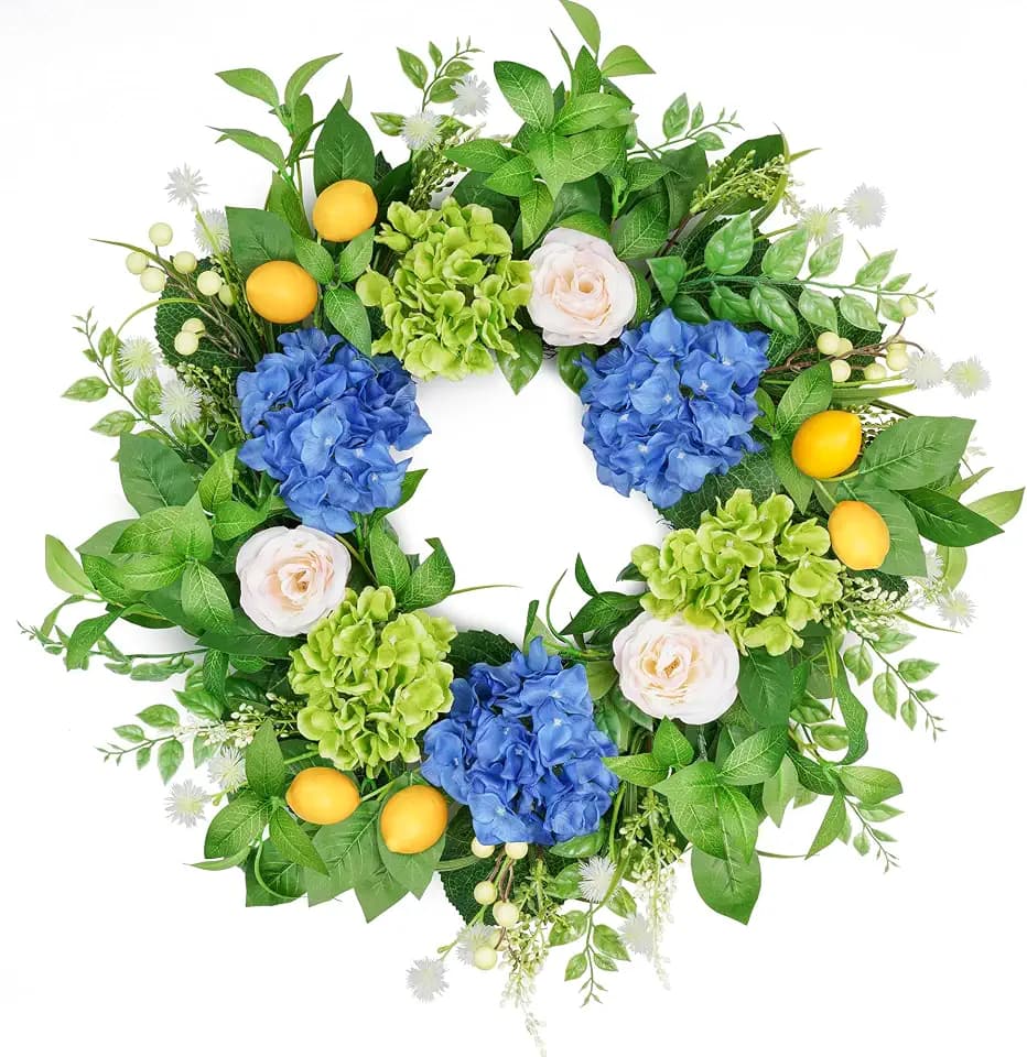 Vlorart 24In Outdoor Wreaths for Front Door Artificial Hydrangea Lemon Door Floral Summer Spring Wreath with Olive Leaves Mixed Flower UV Resistant for Farmhouse Window Wall Decor Outside All Season