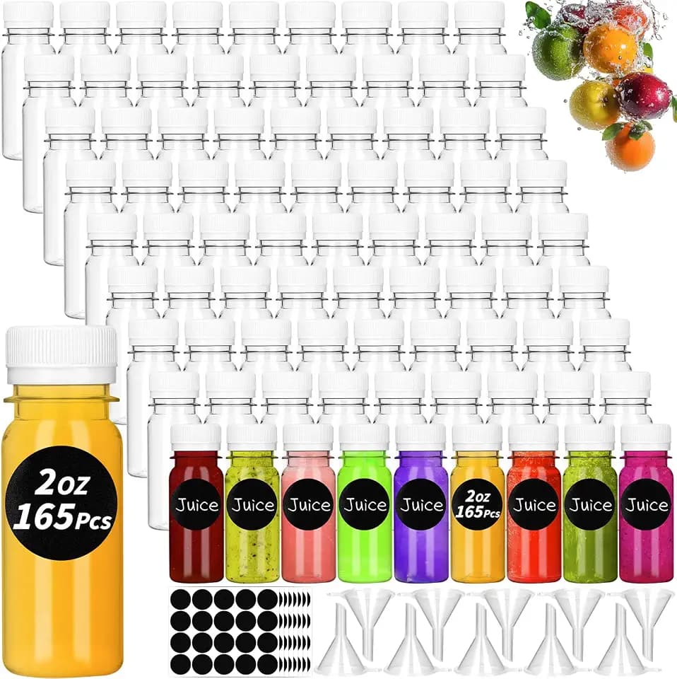 165 Pcs 2 oz Small Plastic Juice Bottles with White Caps Mini Clear Ginger Shot Containers with Tamper Proof Lids Reusable Travel Bottles with Funnels Labels for Juice Milk Water Other Beverages