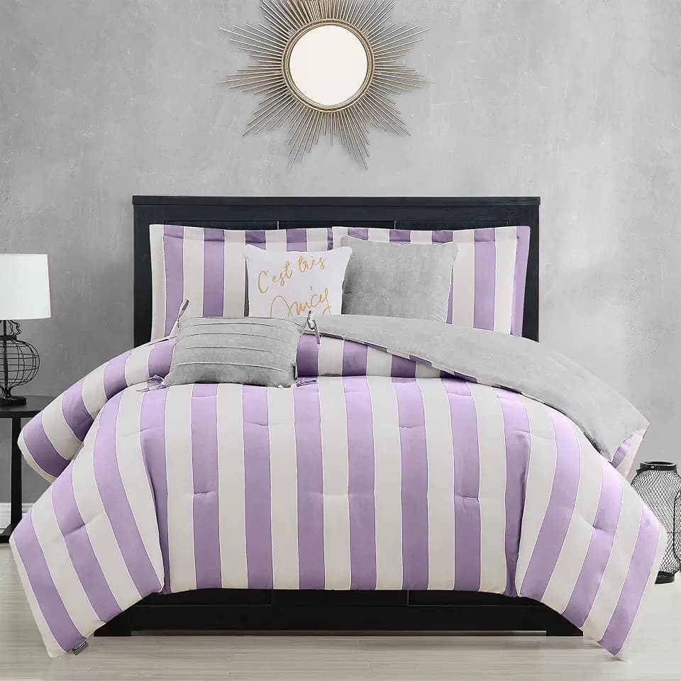 Juicy Couture Cabana Stripe Reversible Bedding Set - Twin/Twin XL Size - Lavender/White Stripe Print - 5 Piece Set - Includes 1 66" x 90" Comforter, 3 Decorative Pillows, 1 Sham