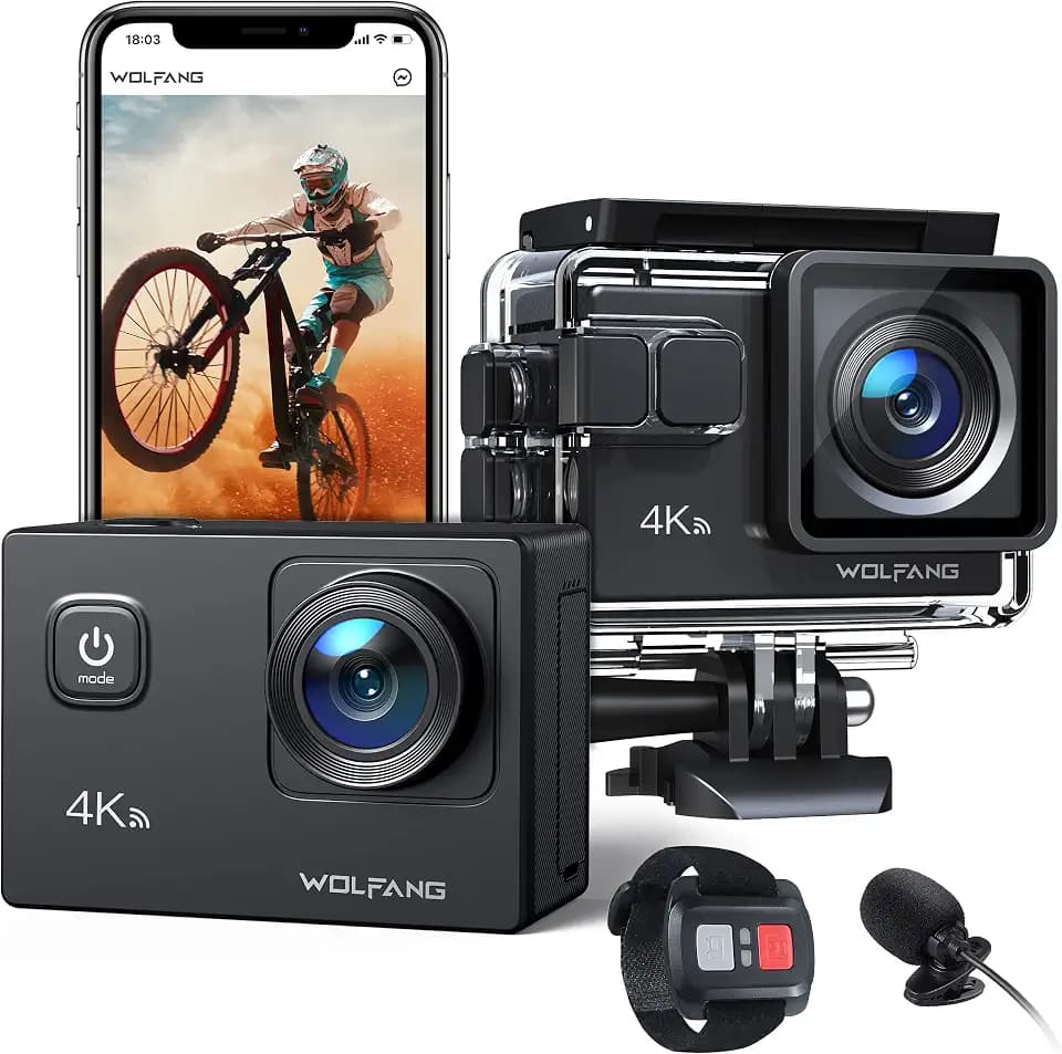 WOLFANG Action Cam GA100 4K 30FPS 20MP WiFi, wasserdichte 40M Unterwasserkamera, EIS Anti-Vibration, 170° Weitwinkel, Fernbedienung, Doppeltes Mikrofon, 2 x 1050mAh Akku, Zubehör Kit