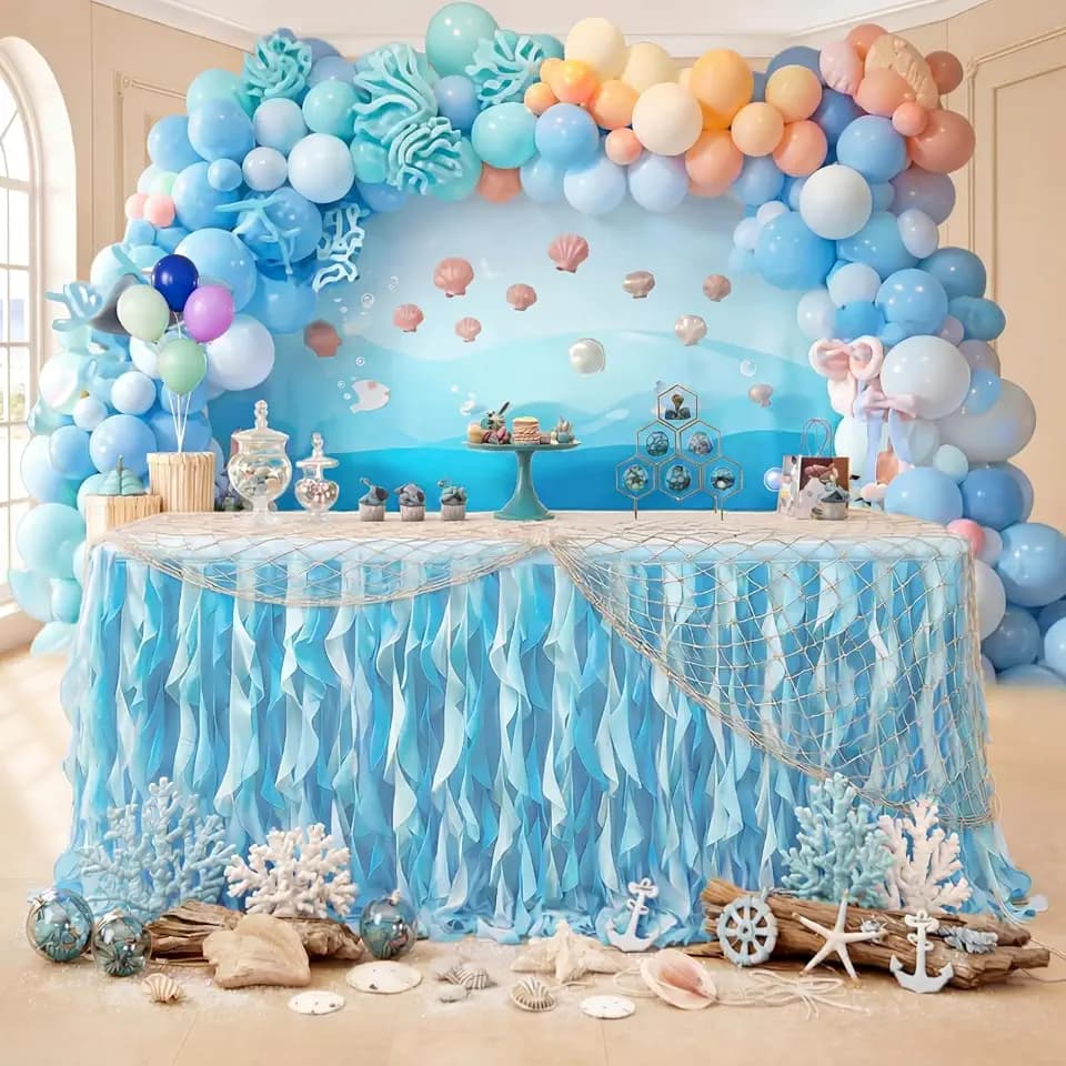 2 Pcs 6 ft Ocean Tulle Table Skirt with Net Shark Party