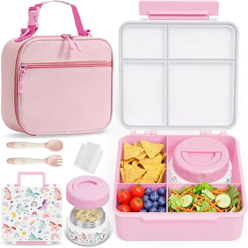 Bento Box for Kids with Thermo Food Container (9oz), 4-Compartment Lunch Box, Adjustable Divider, Leakproof Bento Lunch Box, Includes Utensils & Carry Bag for School, Office(White-Horse)