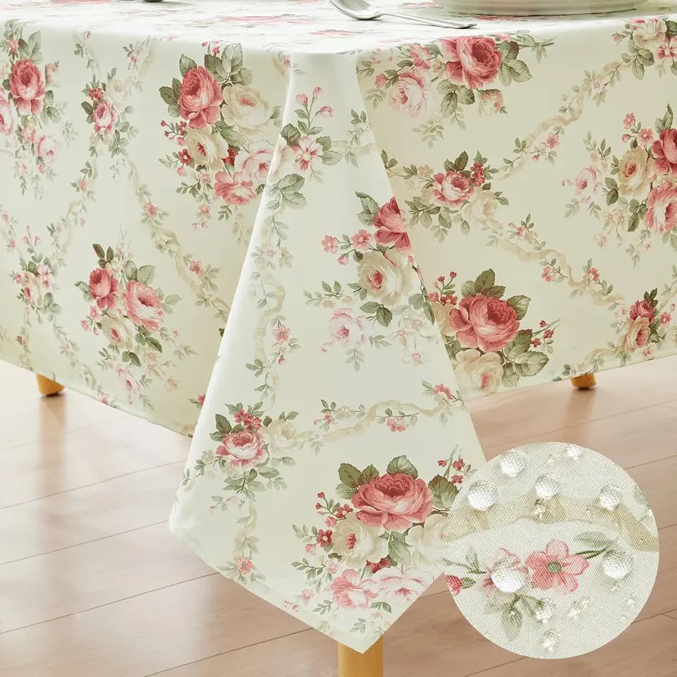Pink Floral Tablecloth, Shabby Chic Table Cloth, 60 x 102 Inch