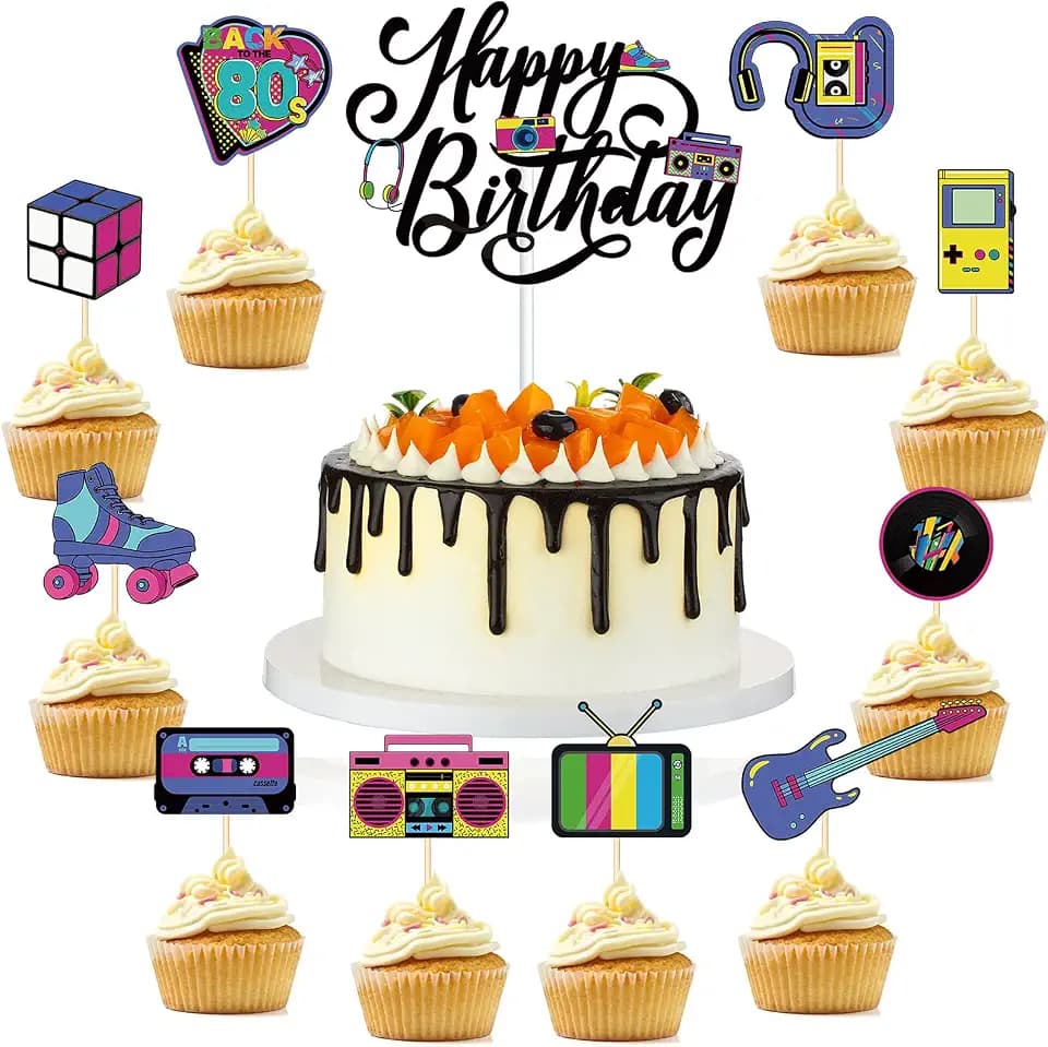 Outus 51 Pcs 80s Cake Topper Retro Cake Decorations 80s Cupcake Toppers for Party Supplies