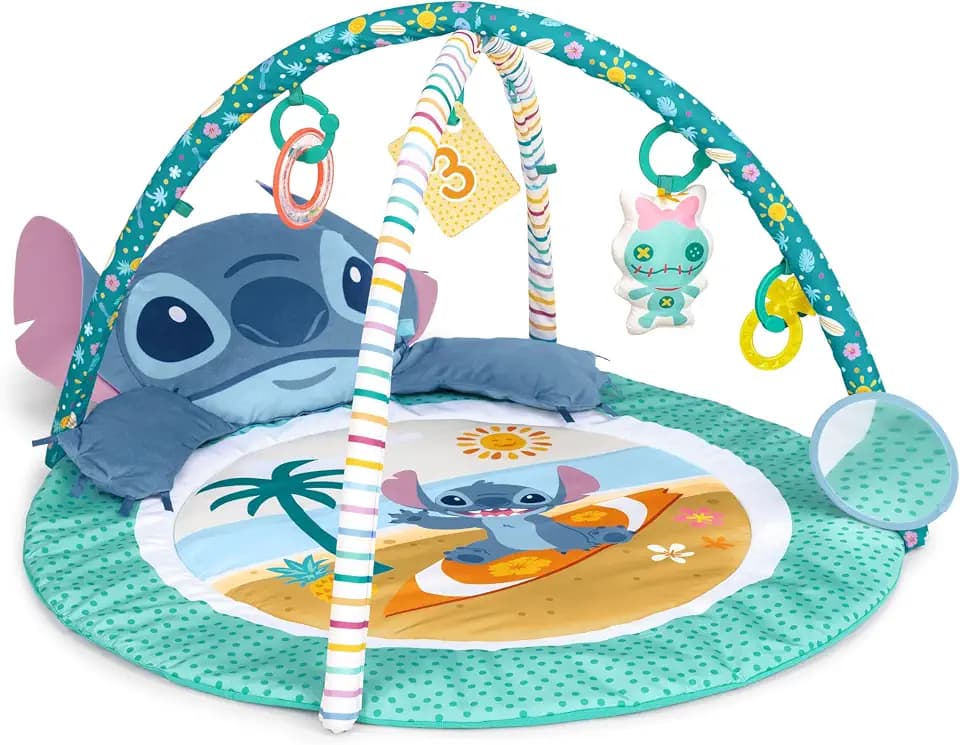 Bright Starts Disney Baby Stitch Party in Paradise Play Gym & Mat, Includes 5 Take Along Toys with Removable Stich Plush, Ages 0M+