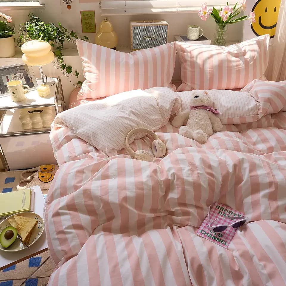 EAVD Retro Striped Comforter Set Full Peach Pink and White 3-Piece