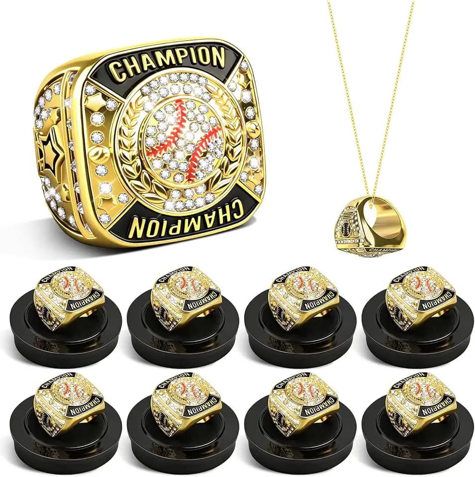 Baseball Championship Rings Gold Baseball Championship Trophy Rings With Neck Chain Sport Ball Award Gift for Champion Winner Tournament Team Prize Favor