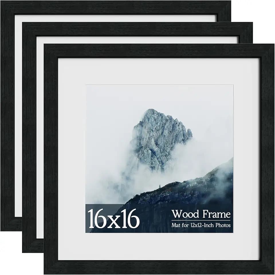 16x16 Square Picture Frame 3 Pack, Fits 12x12 w/Mat or 16x16, Black Wood