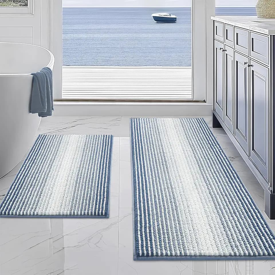 BSICPRO Bathroom Rugs Sets 2 Piece, Non Slip Striped Bath Mats, Fog Blue