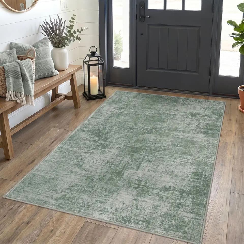 IOHOUZE Abstract Area Rug 4x5 Ft Washable Rugs for Entryway Indoor, Non Slip Small Living Room Rugs Printed Faux Wool Throw Rug, Floor Carpet for Kitchen Nursery Playroom, Sage Green