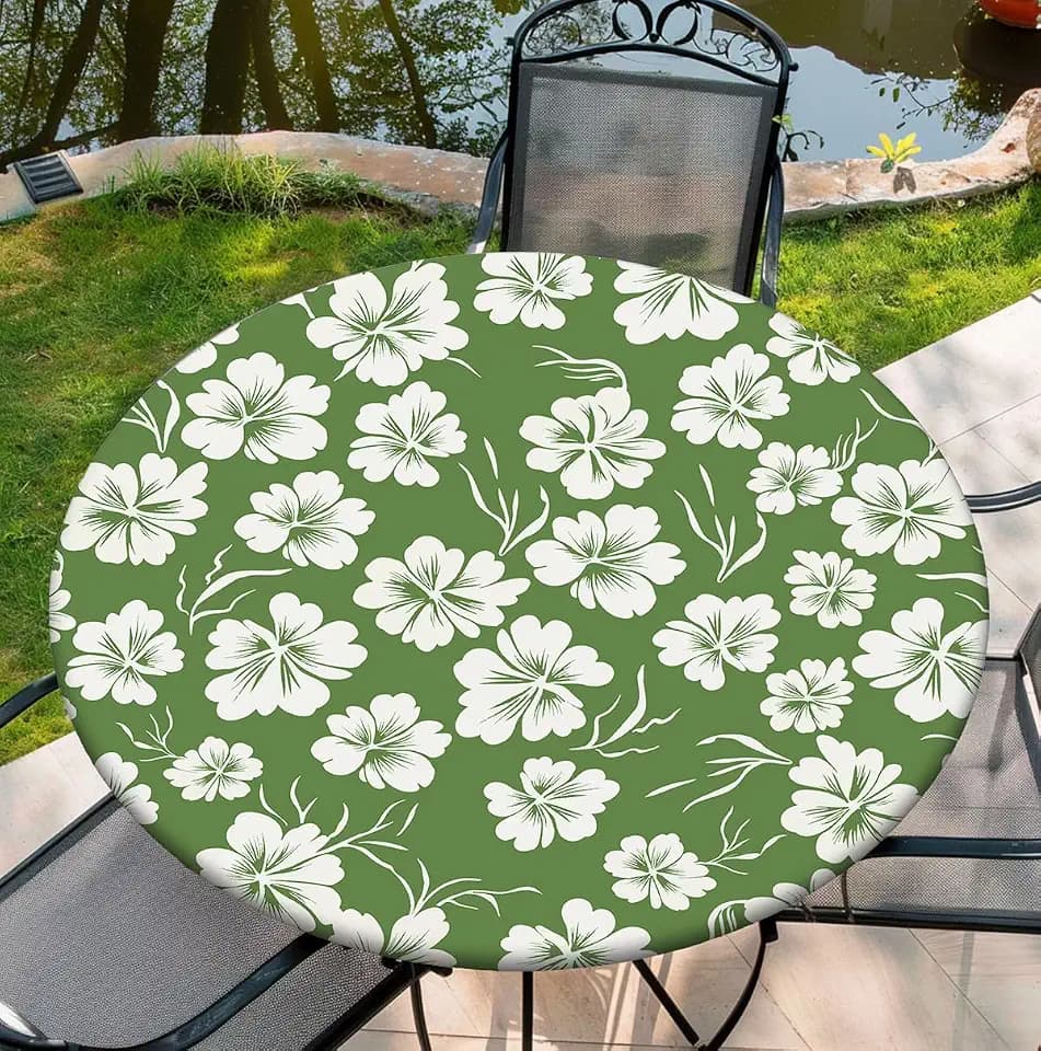Waterproof Tablecloth with Elastic Tablecloth for Round Tables 36"-70" for Indoor Outdoor Patio Use, 36Inch, Green Flower