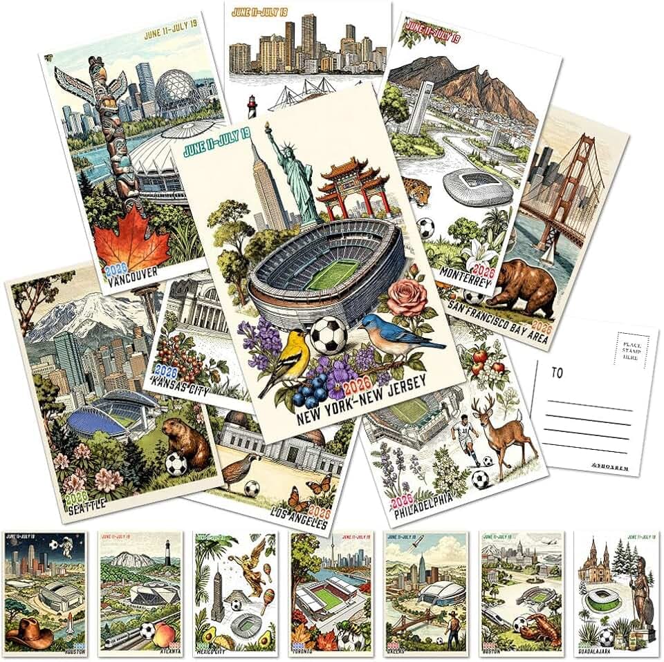 32Pack Soccer Inspired Souvenir Art USA Canada Mexico City Landmark Postcards, for Sports Fans (4x6 Inch)