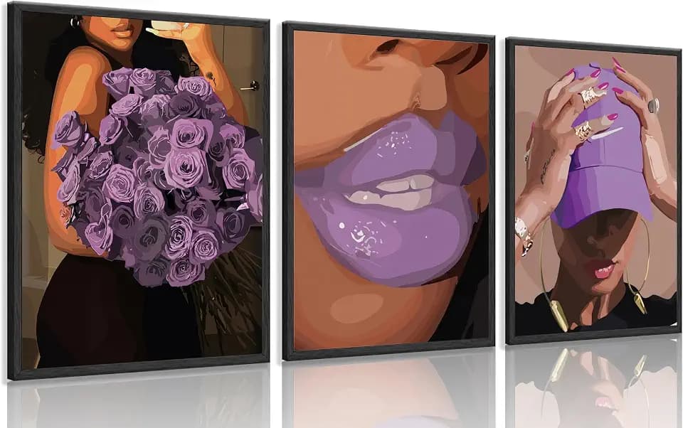 TEOVGKN 3Pcs Black Girl Wall Art,Purple African American Wall Decor